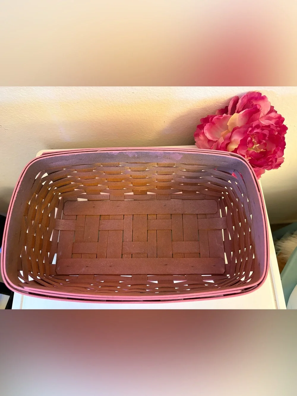 Vintage Longaberger Large Tissue Basket with Wood Lid, Painted Pink Gloss
